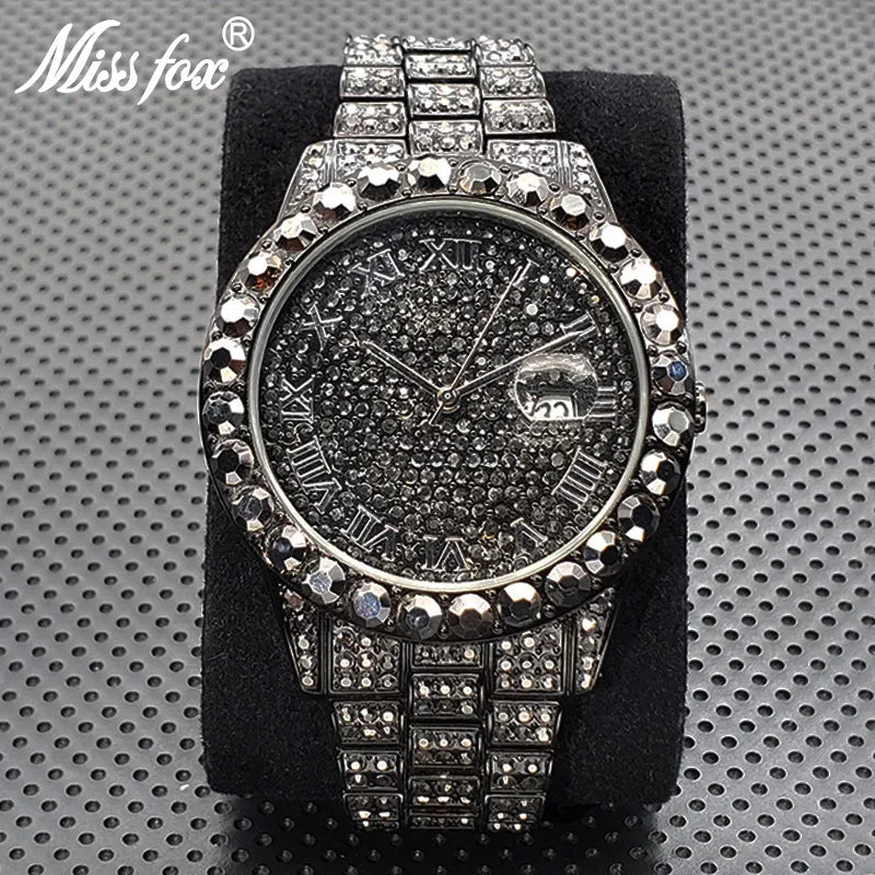 Stylish Black Crytal Watch For Men Unique Full Paved Diamond Quartz Timepiece Top Brand Fashion Bling Ice Out Male Hip Hop Clock - Uknowucme