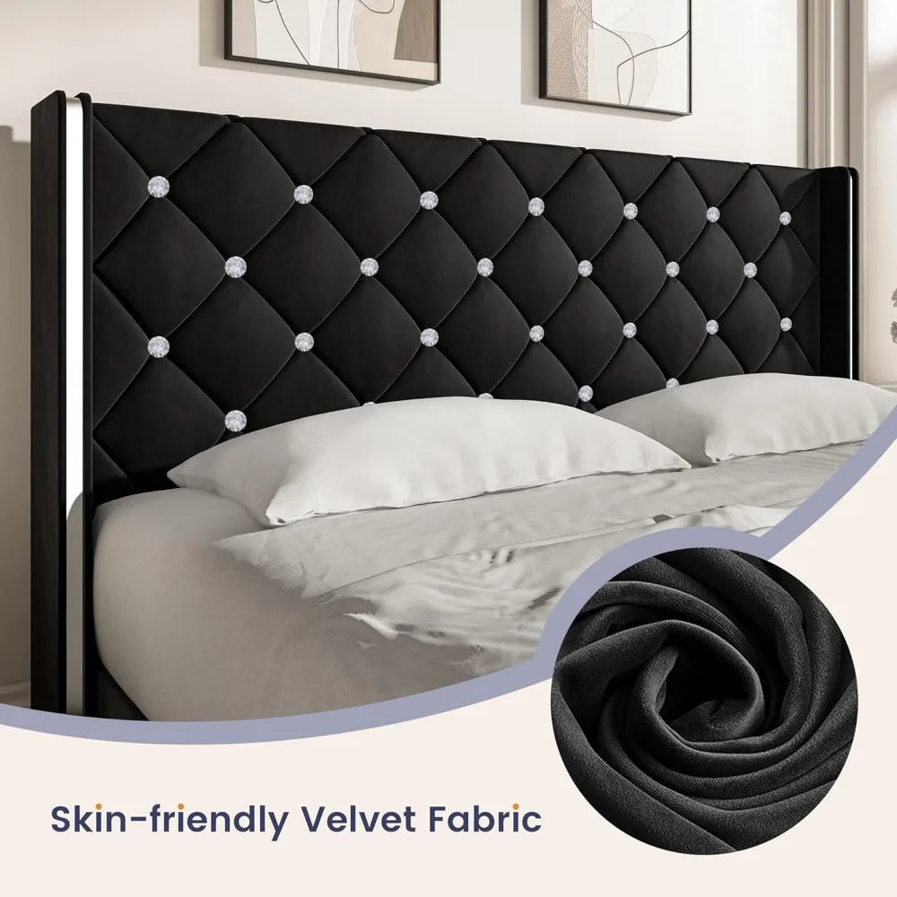King Size Bed Frame, Velvet Upholstered Platform Bed King Size with Diamond Tufted Headboard and Footboard, Wooden Slats Support - Uknowucme