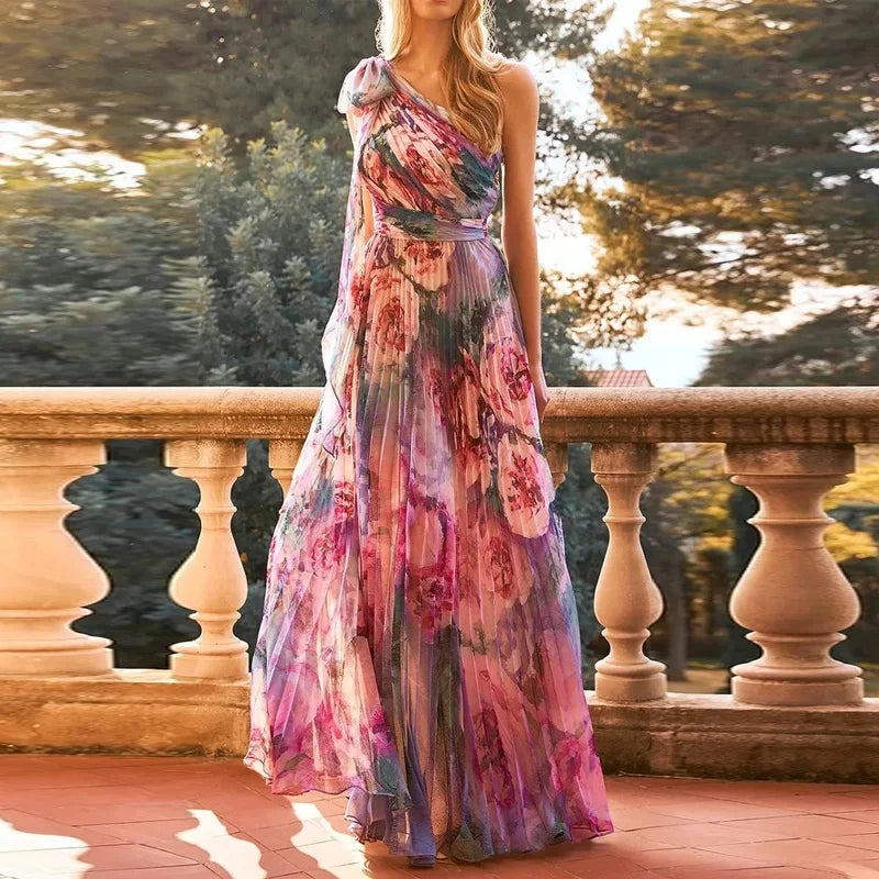 Sexy Summer Party Dress Women Fashion Bow Straps High Waist Pleated Beach Dress Chiffon Casual Floral Print Bohemian Long Dress - Uknowucme
