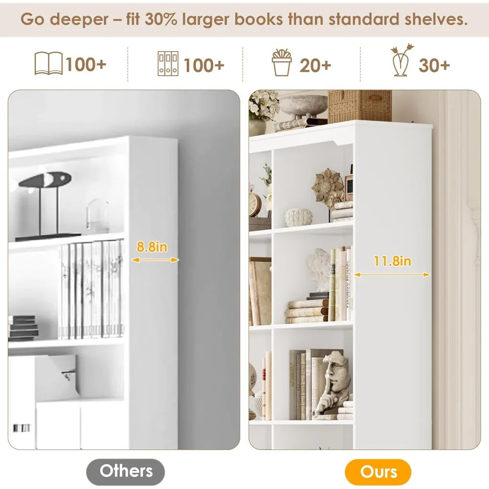 71" Tall Bookshelf with 4 Drawers, 6-Tier Double Wide Bookshelves and Bookcases with Storage, White Bookshelf Large Op