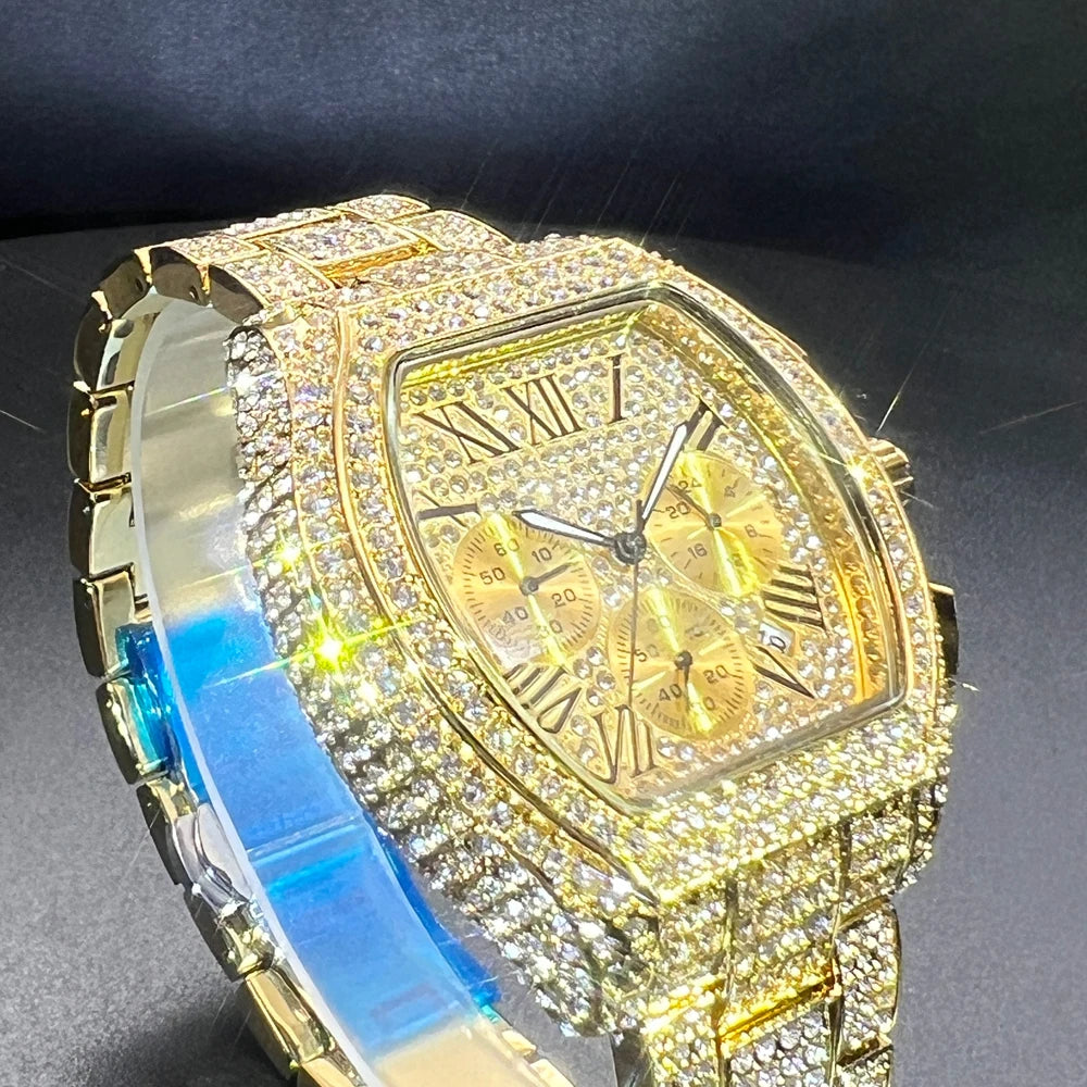 Luxury Men Watch Personalized Bling Diamond Quartz Timepiece Fashion Ice Out Tonneau Big Face Male Chronograph Wristwatch Gift - Uknowucme