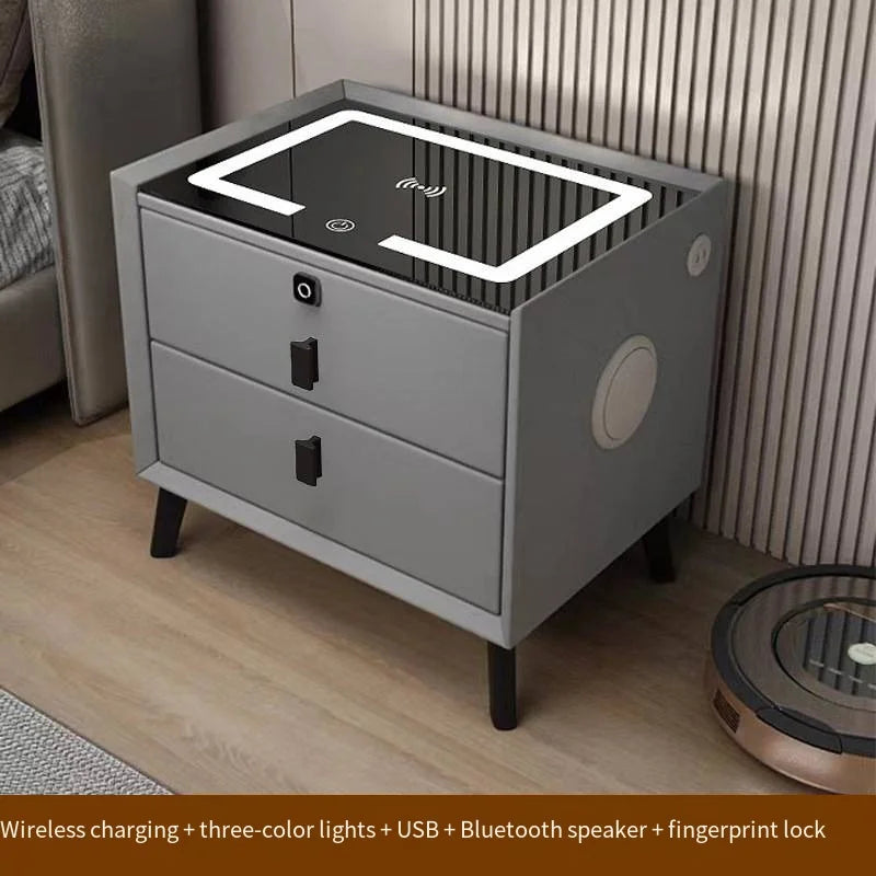Luxurious Solid Wood Nightstand Three-Drawer Smart Bedside Table Compact Bedroom Leather Accents Integrated Wireless Charging