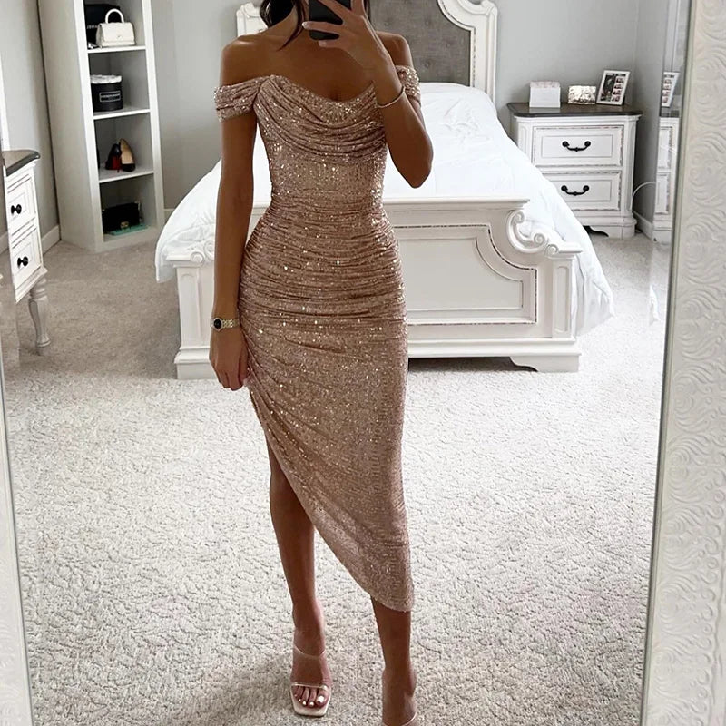 Sexy Sequin Patchwork Simple Maxi Dress, Women Summer Holiday Strapless Slim Party Dress, V Neck Elegant Ladies Dress Vestidos - Uknowucme
