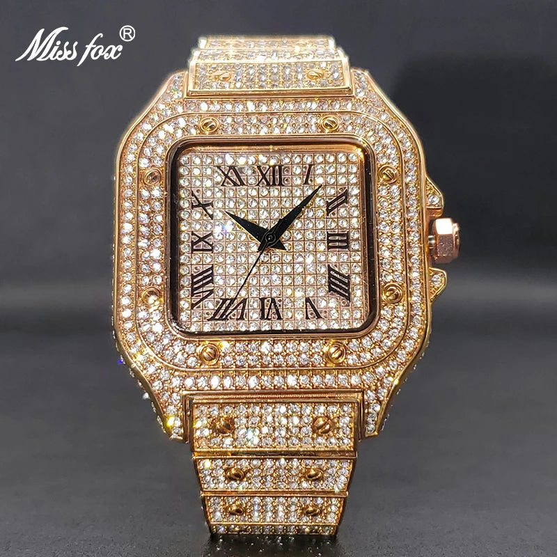 Ice Out Gold Watch For Men MISSFOX Street Style Hip Hop Waterproof Watches For Male Couple Wristwatches Jewelry Accessories - Uknowucme