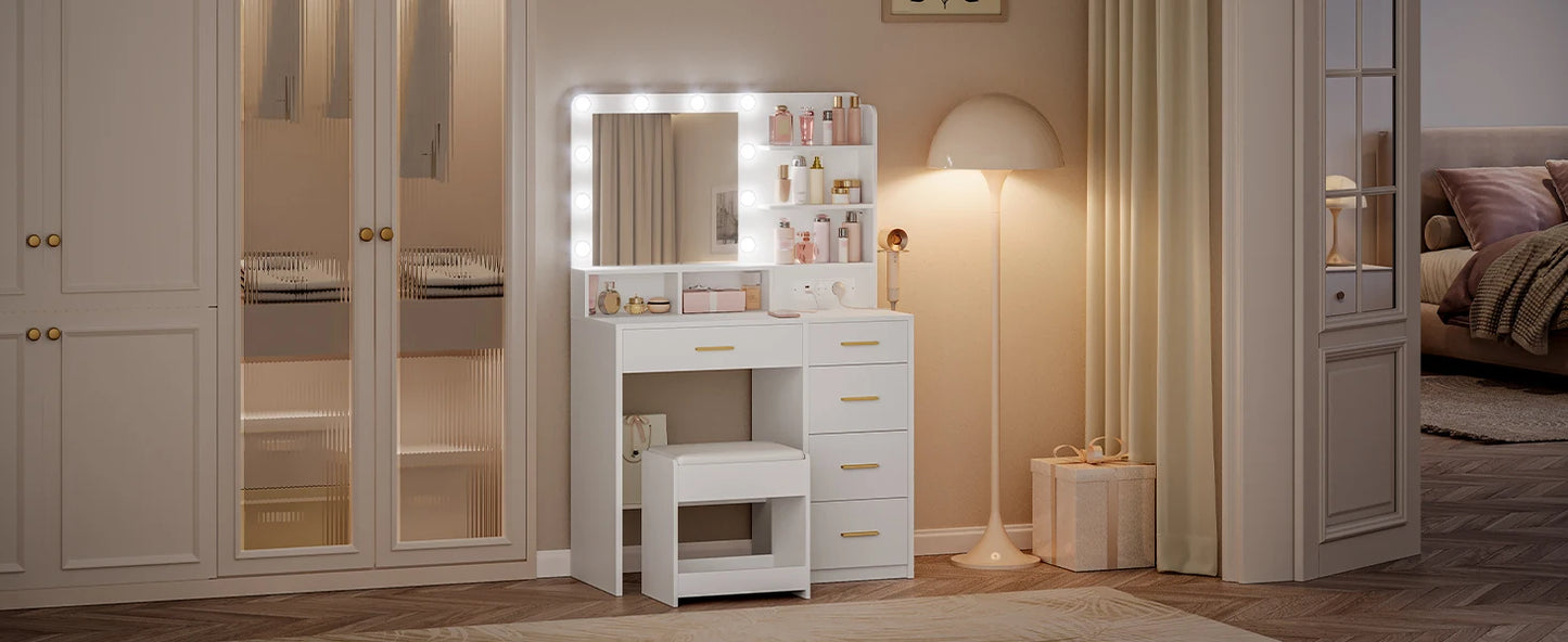 Dressing Table with 10 LED Light Balls, 3 Colors, Dressing Table with Plug and Large Mirror, Stool and Hairdryer Holder, White - Uknowucme
