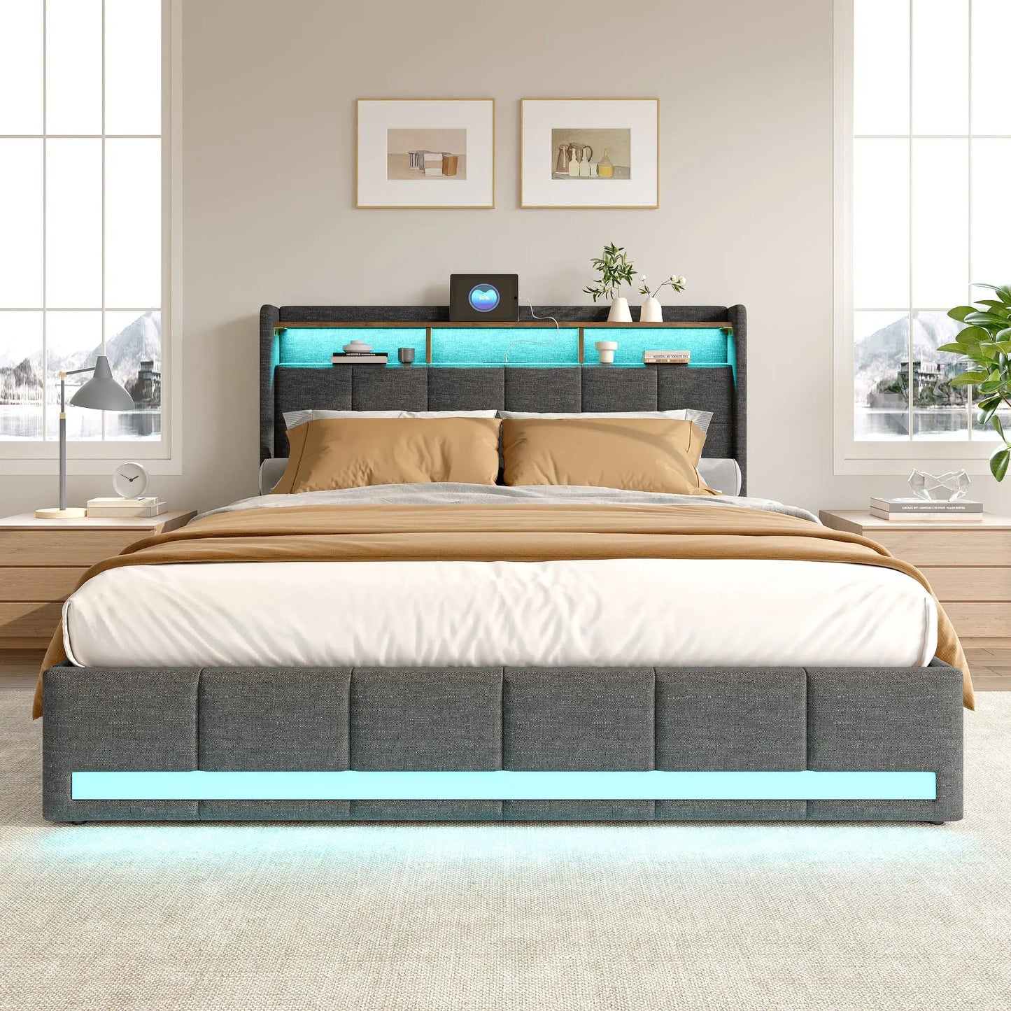 Creahappy Twin Bed Frame - Upholstered bed in grey - With USB charging port - With LED lighting - Storage drawers on both sides - Uknowucme