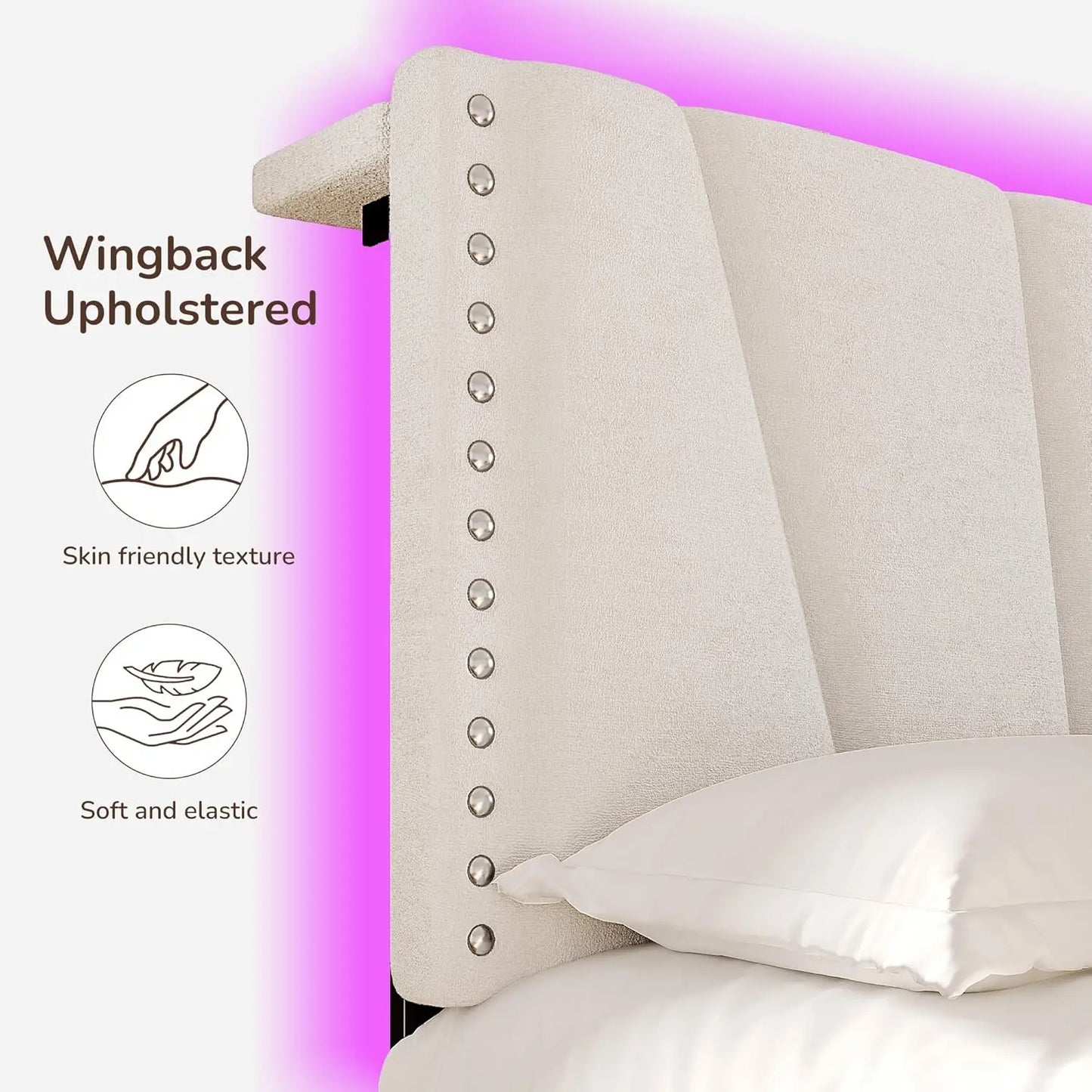 King Size Bed Frame with Velvet Headboard and LED Lights, Storage Headboard Platform Bed with Charging Station - Uknowucme
