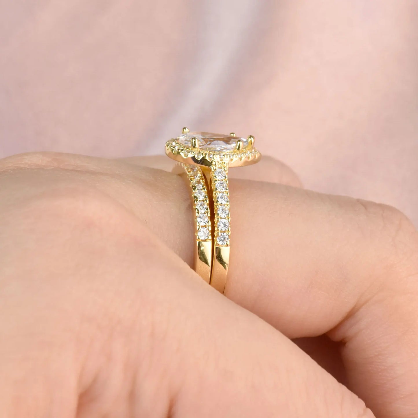 Newshe 2 Pcs Yellow Gold Color Wedding Rings Set Solid 925 Sterling Silver 3Ct Halo AAAAA CZ Pear Cut Engagement Ring for Women - Uknowucme