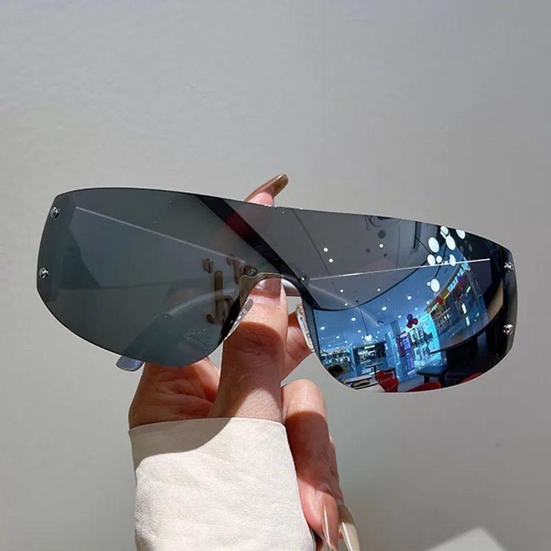 Y2K Rimless Brand Designer Sunglasses Women For Men 2023 One Piece Trending Luxury Sun Glasses Rivet Steampunk Pink Shades UV400 - Uknowucme