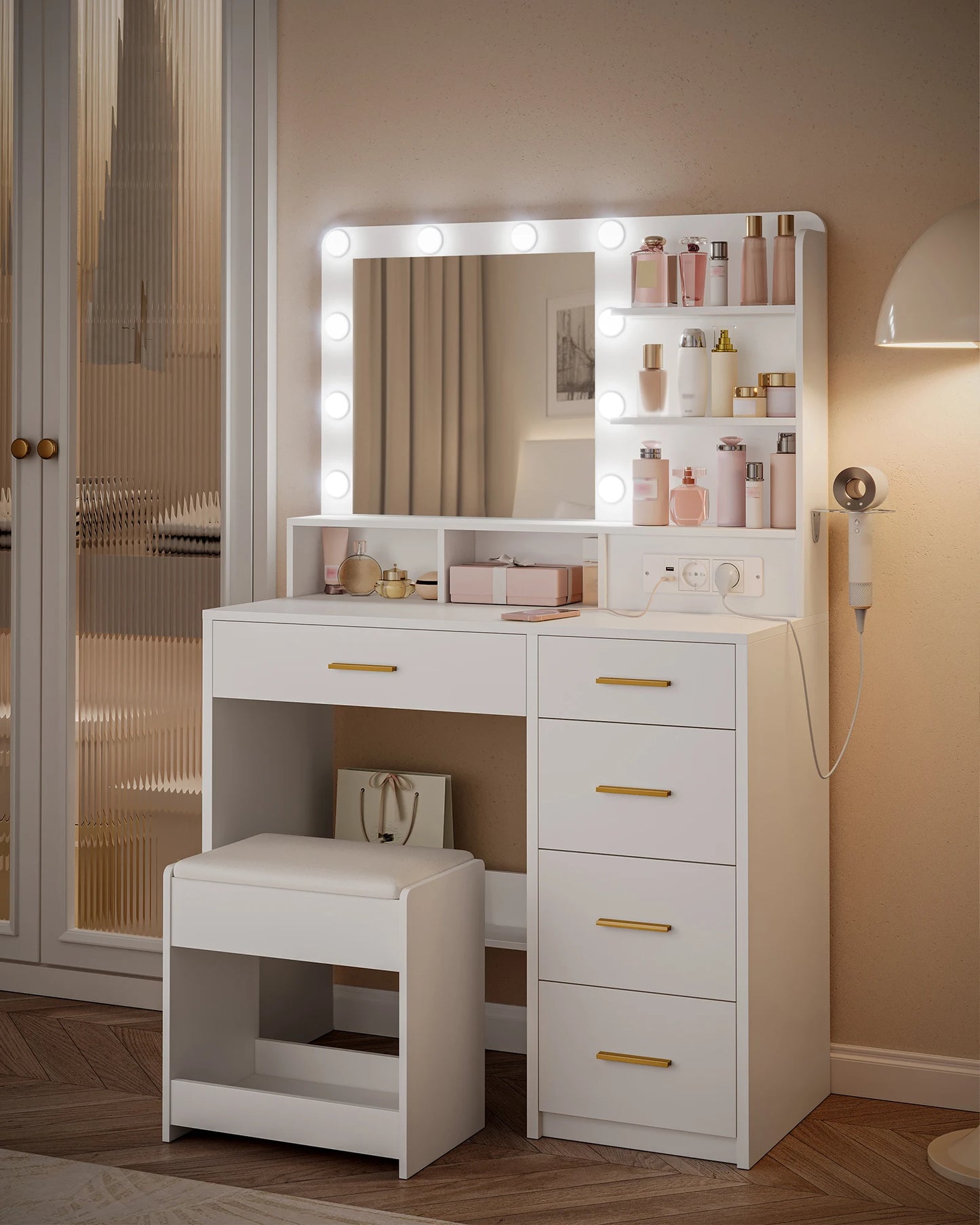 Dressing Table with 10 LED Light Balls, 3 Colors, Dressing Table with Plug and Large Mirror, Stool and Hairdryer Holder, White - Uknowucme