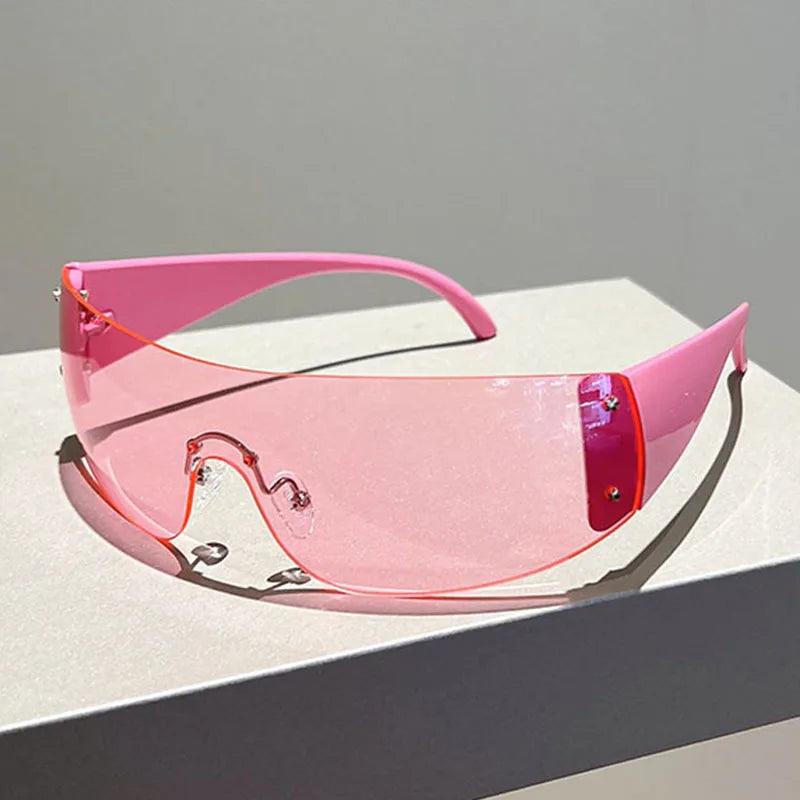 Y2K Rimless Brand Designer Sunglasses Women For Men 2023 One Piece Trending Luxury Sun Glasses Rivet Steampunk Pink Shades UV400 - Uknowucme
