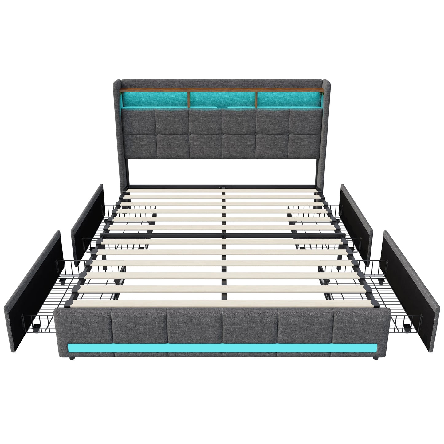 Creahappy Twin Bed Frame - Upholstered bed in grey - With USB charging port - With LED lighting - Storage drawers on both sides - Uknowucme
