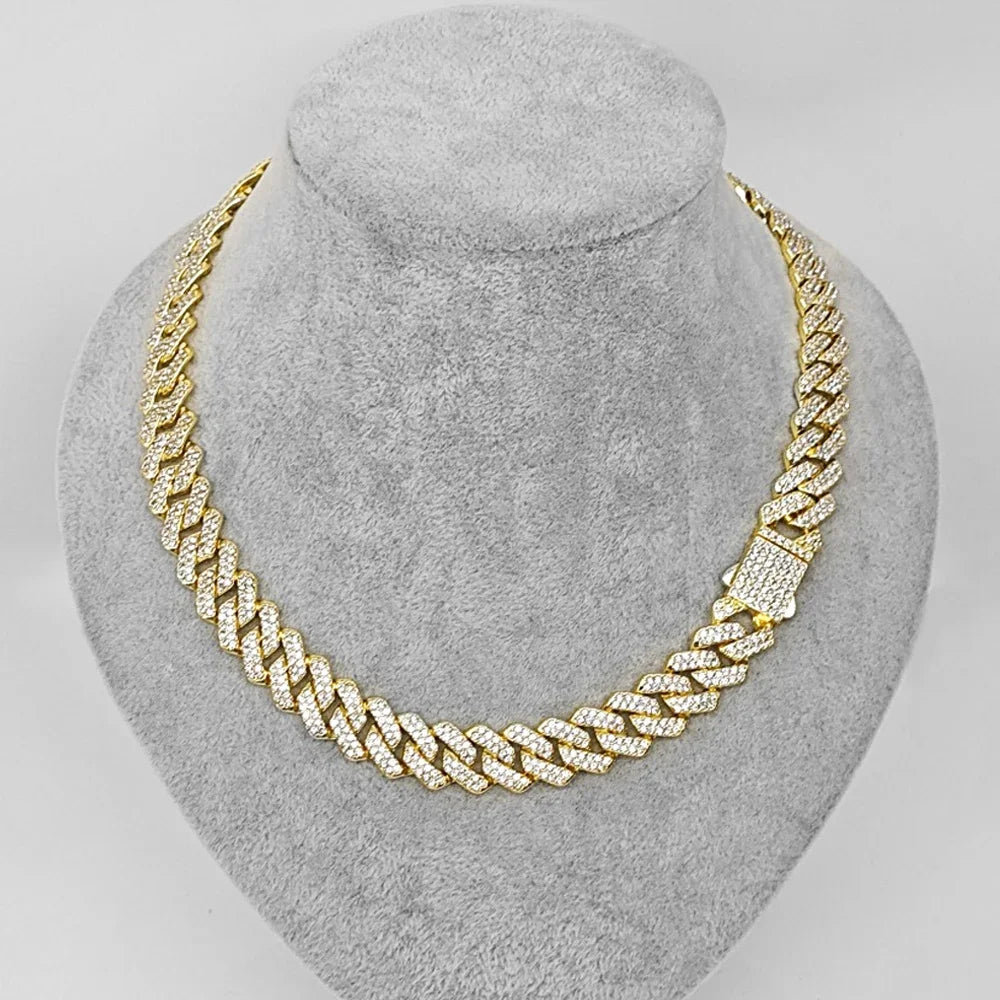 Hip Hop Shiny 15MM Cuban Link Chain Necklace Women Men Silver Color Rhinestone Iced Out Cuban Chain Punk Jewelry Necklace Gift - Uknowucme