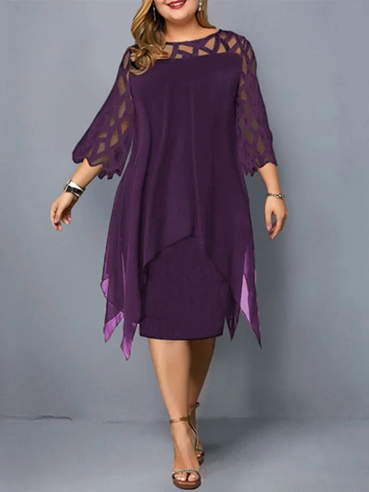 Sleeve Hollow Out Solid Sexy Women'S Clothing Evening Dresses 2023 Elegant Midi Party Dress For Chubby Women Xxl O Neck Lace - Uknowucme