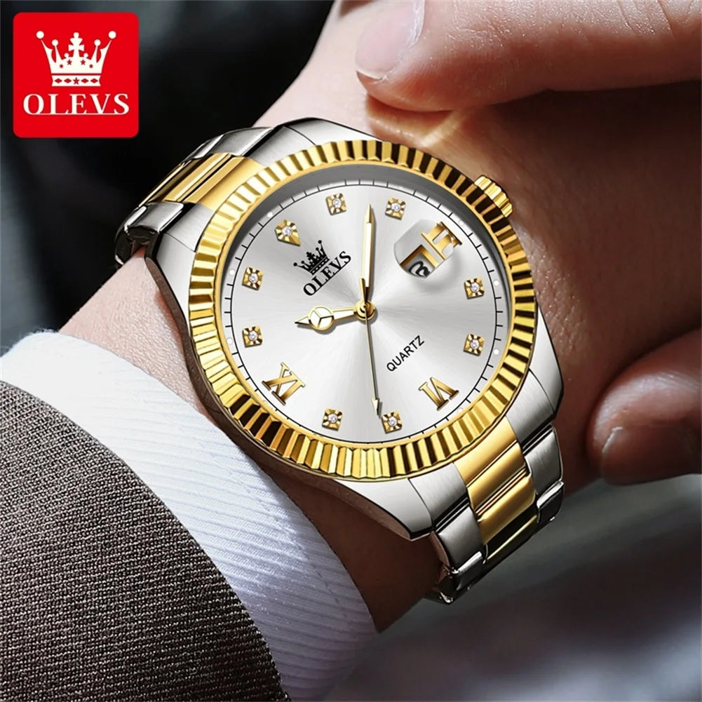 OLEVS 3623 Men's Watches Business Luxury Diamond Roman Scale Waterproof Luminous Stainless steel Gold Wristwatches Man - Uknowucme