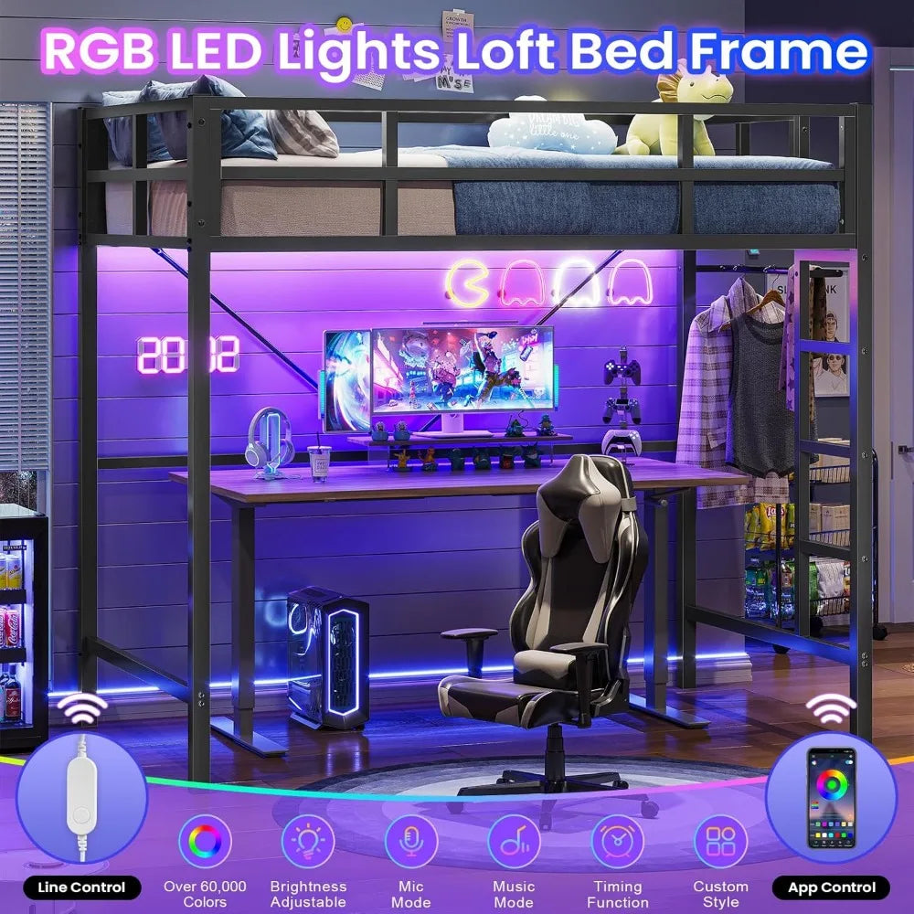 Twin Loft Bed with LED Lights, Metal Loft Bed Twin Size with Full-Length Guardrail Clothes Rack, Heavy Duty Metal Loft Bed Frame - Uknowucme
