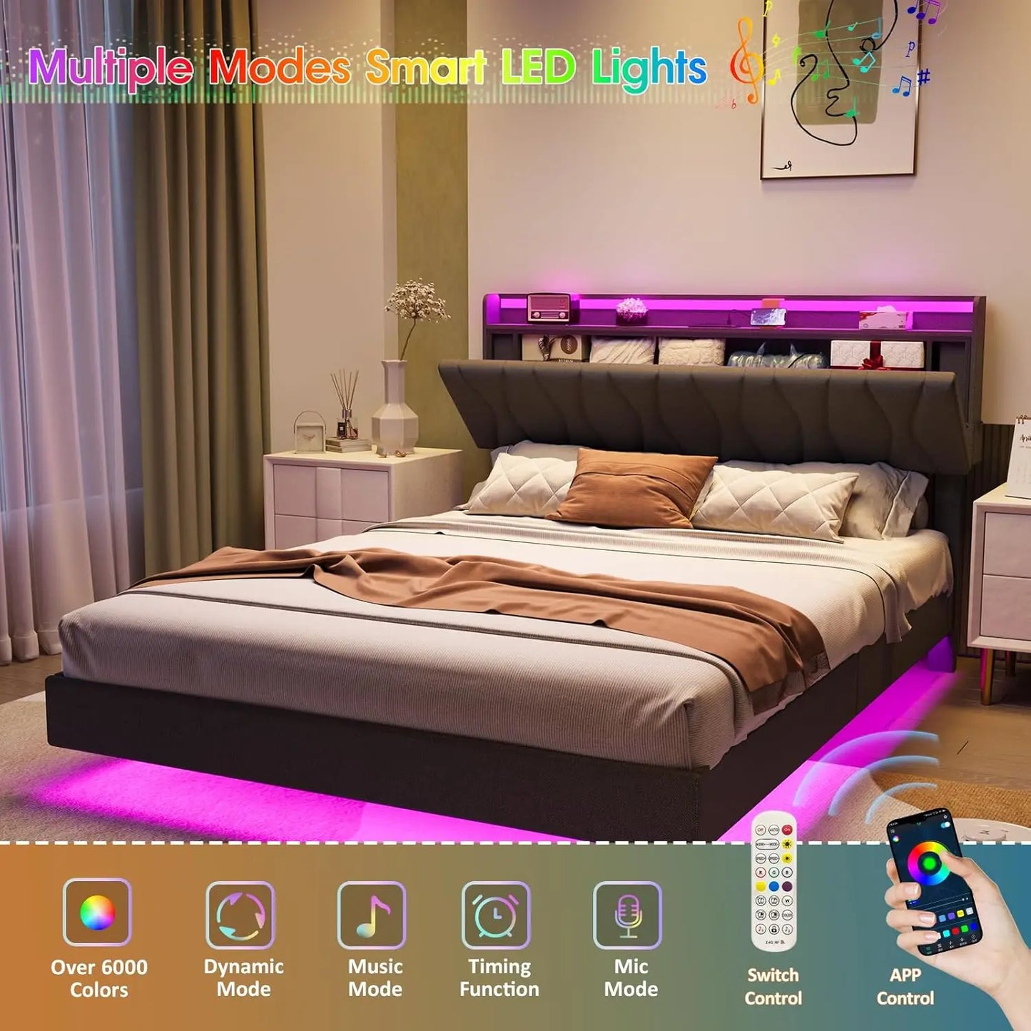 Vabches Floating Queen Bed Frame With Storage Headboard&LED Light Bed Frame with Charging Station Upholstered Platform Bed Frame - Uknowucme