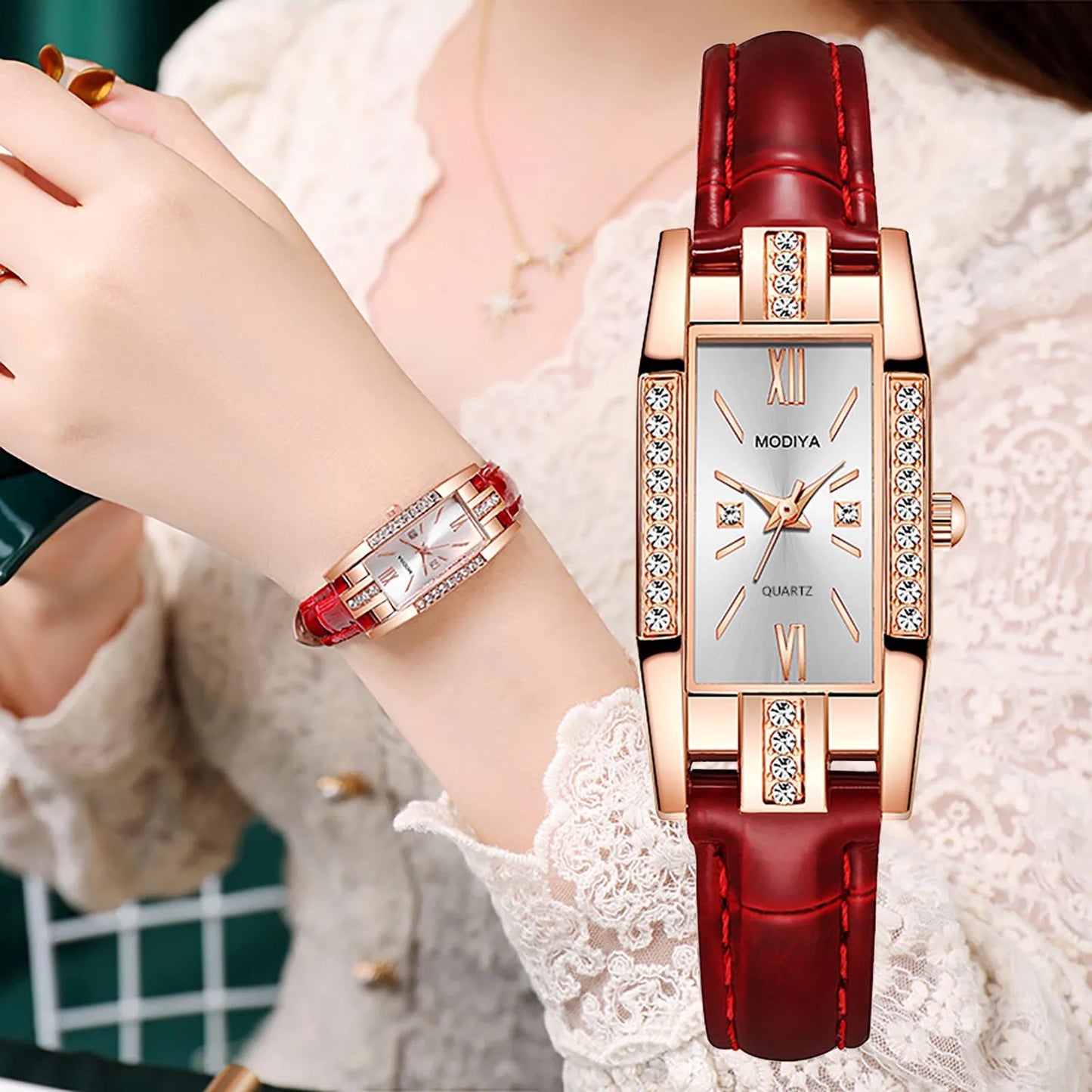 Womens Watches Fashion Square Ladies Quartz Watch Bracelet Set Green Dial Simple Leather Luxury Women Watches - Uknowucme