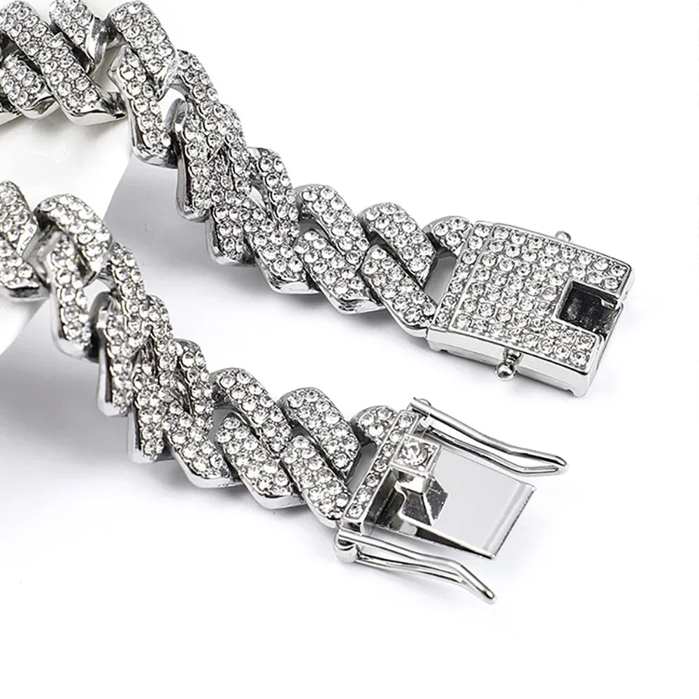 Hip Hop Shiny 15MM Cuban Link Chain Necklace Women Men Silver Color Rhinestone Iced Out Cuban Chain Punk Jewelry Necklace Gift - Uknowucme