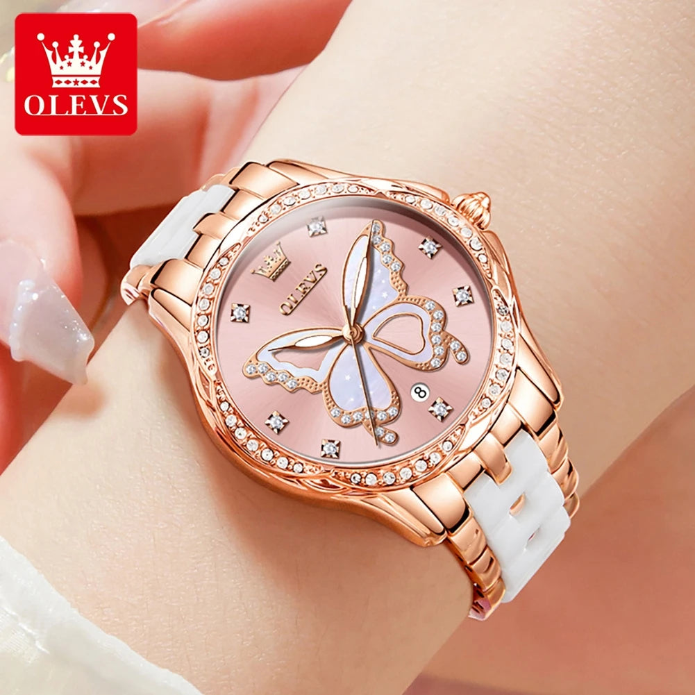 OLEVS 5610 Women's Watches Diamond Butterfly Design Dial Ceramic Strap Waterproof New Fashion Young Girl's Watches Set Gift - Uknowucme