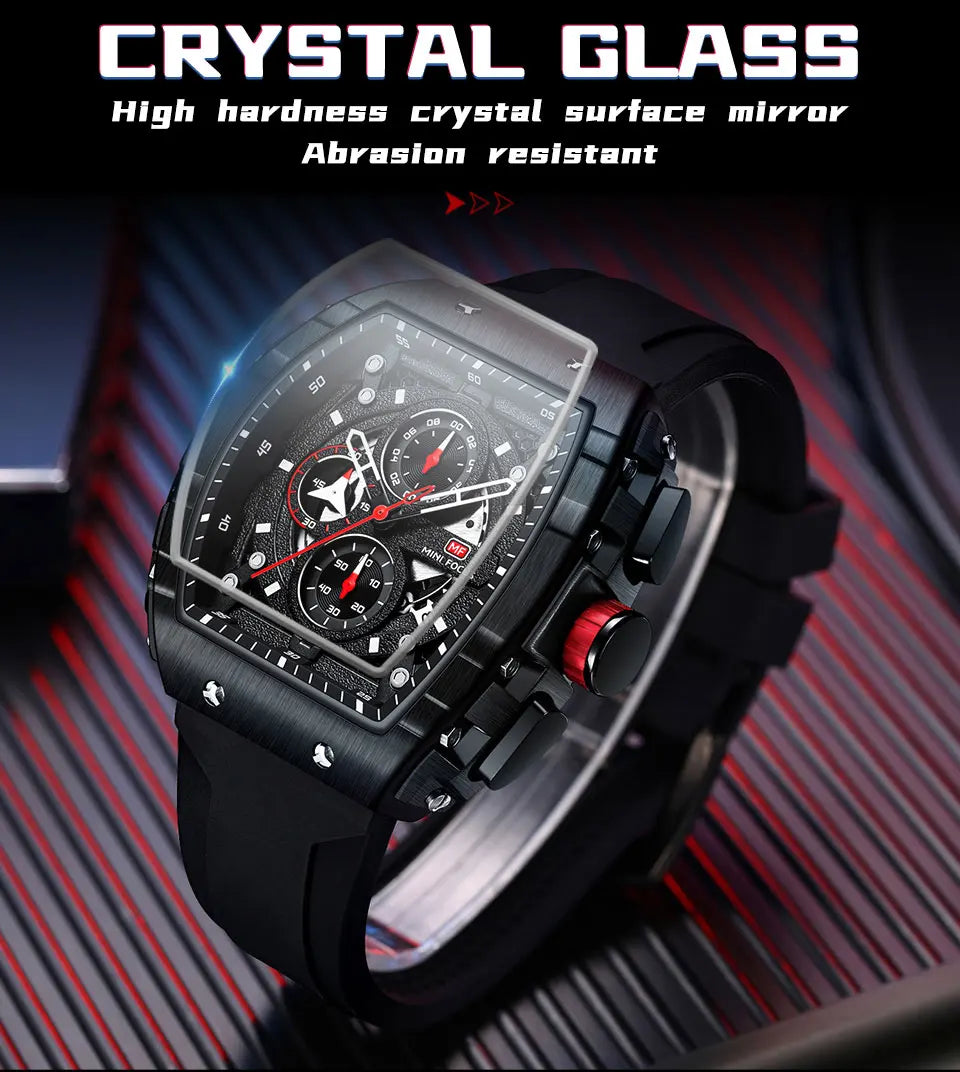 MINI FOCUS Chronograph Quartz Watch for Men Tonneau Dial Military Sport Wristwatch with Orange Silicone Strap Auto Date 0399 - Uknowucme