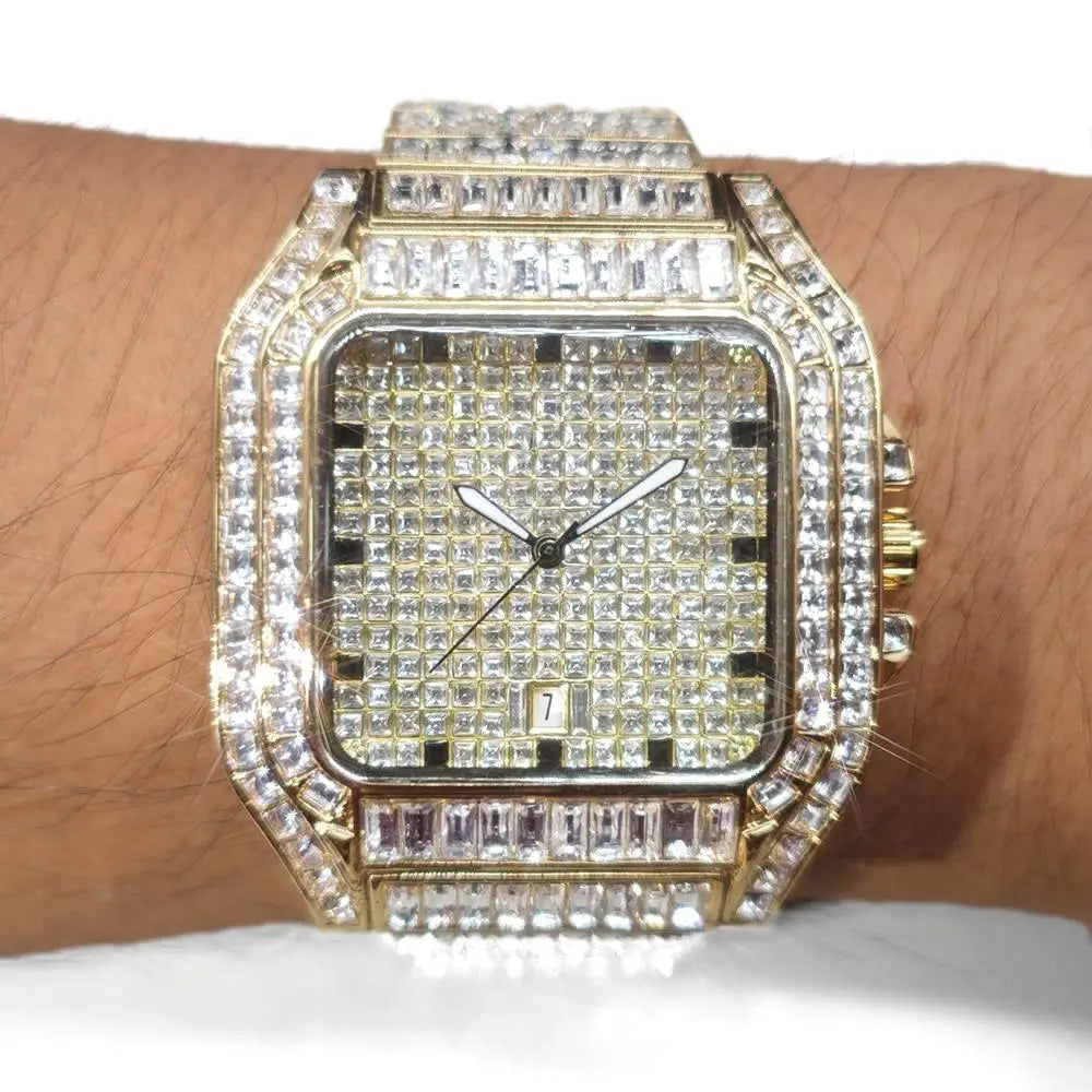 Hot Luxury Square Diamond Watch for Men Hip Hop Style Bling Bling Iced Out Wristwatch Fashion Stainless Steel Waterproof Clock - Uknowucme