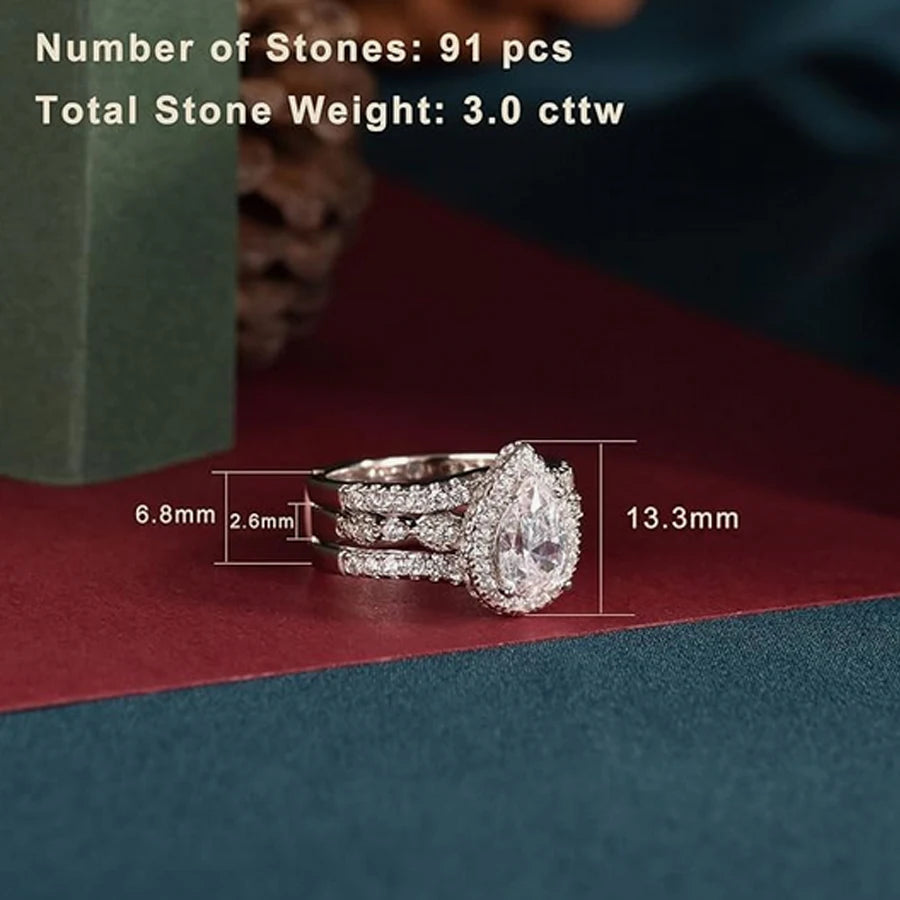 Newshe 2 Pieces 925 Sterling Silver Engagement Ring Enhancer Wedding Band for Women Pear Cut AAAAA Zircon Jewelry Size 4-13 - Uknowucme