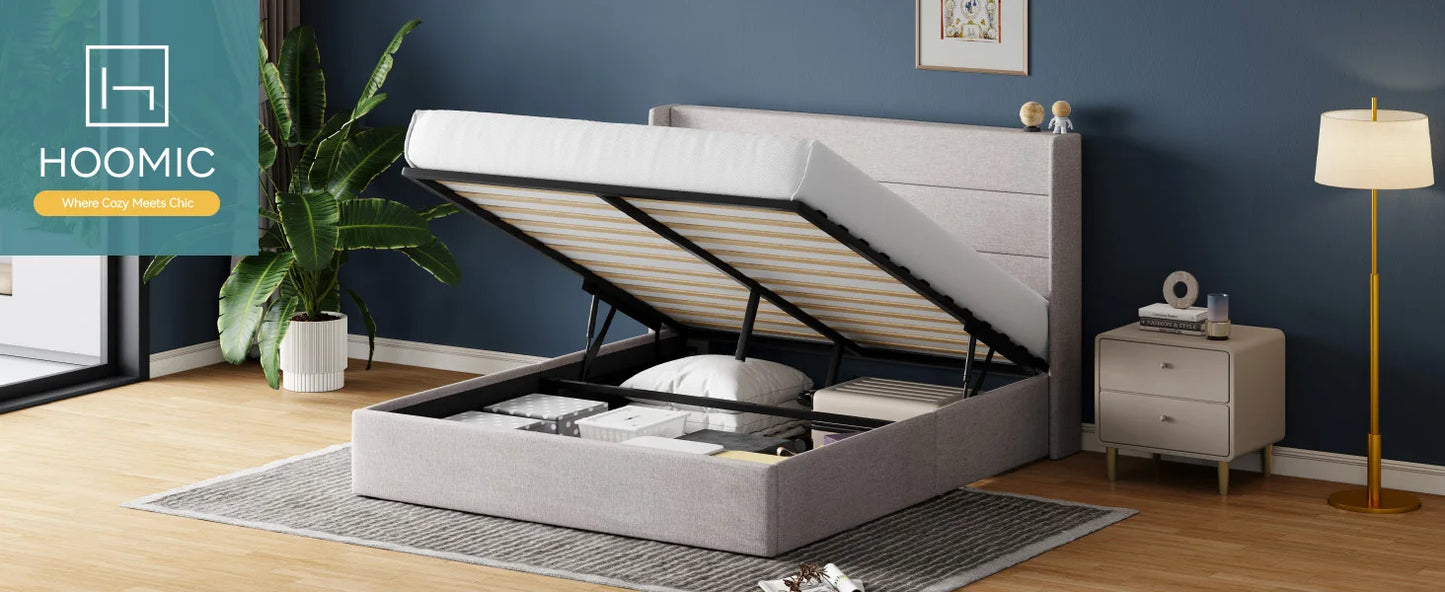 HOOMIC Lift Up Storage Bed with Wingback Headboard/Heavy-Duty Hydraulic Bed/Large Underneath Storage Allewie - Uknowucme