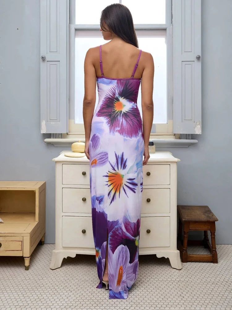 Tossy Contrast Spaghetti Slim Maxi Dress Female Printed Off-Shoulder Fashion Holiday Beach Dress Patchwork Summer Party Dress - Uknowucme