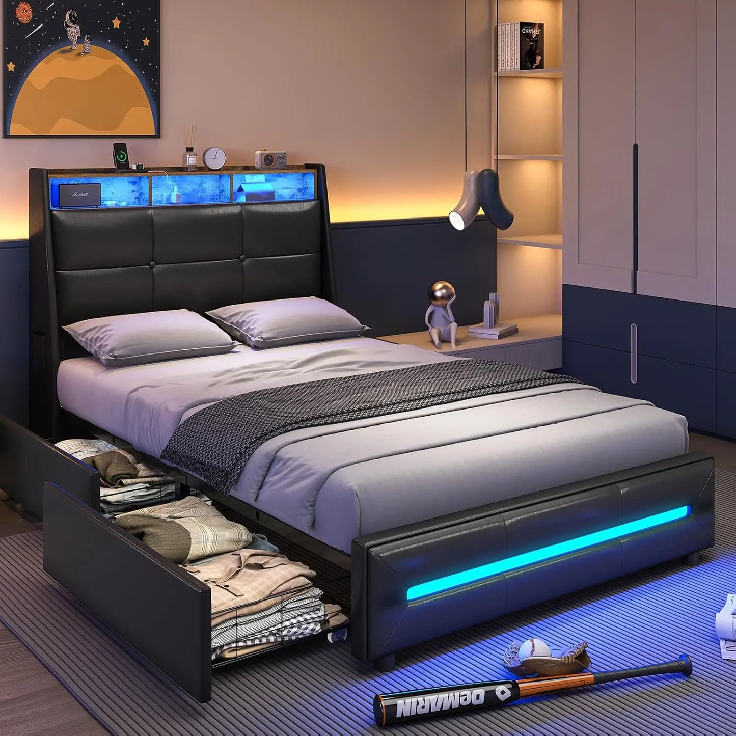 King Size Bed Frame w 4 Storage Drawers,Charging Station and LED Lights,Upholstered Bed Frame w Button Tufted Wingback Headboard - Uknowucme