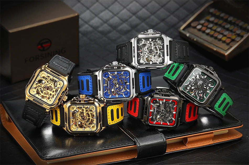 FORSINING Original Square Skeleton Mechanical Man Wristwatches Automatic Movement Field Sports Waterproof Silicone Replica Watch - Uknowucme