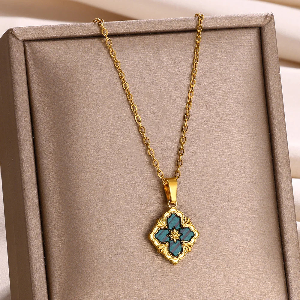 Stainless Steel Luck Clover Pendant Necklaces For Women Gold Color Chain Accessories Moon Round Necklace Square Cross Jewelry - Uknowucme