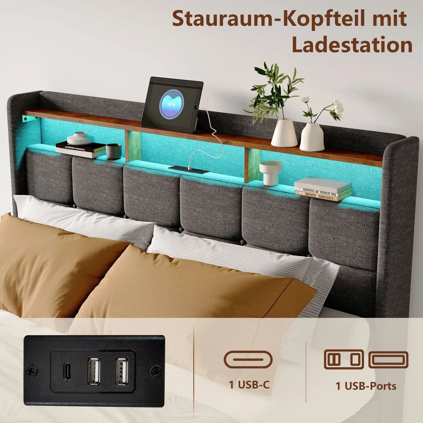 Creahappy Twin Bed Frame - Upholstered bed in grey - With USB charging port - With LED lighting - Storage drawers on both sides - Uknowucme