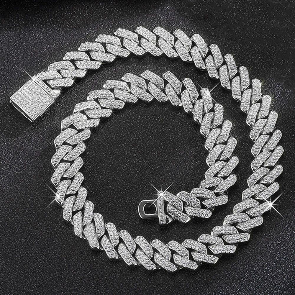 Hip Hop Shiny 15MM Cuban Link Chain Necklace Women Men Silver Color Rhinestone Iced Out Cuban Chain Punk Jewelry Necklace Gift - Uknowucme