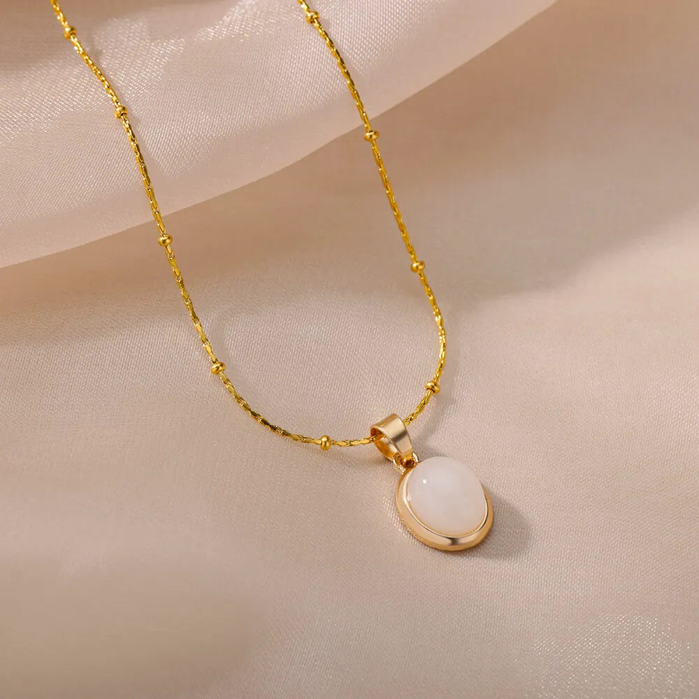 Kpop Stainless Steel Necklace for Women Transparent Moonlight Stone Ellipse Pendant Thin Chain Vintage Jewelry Gift New In - Uknowucme