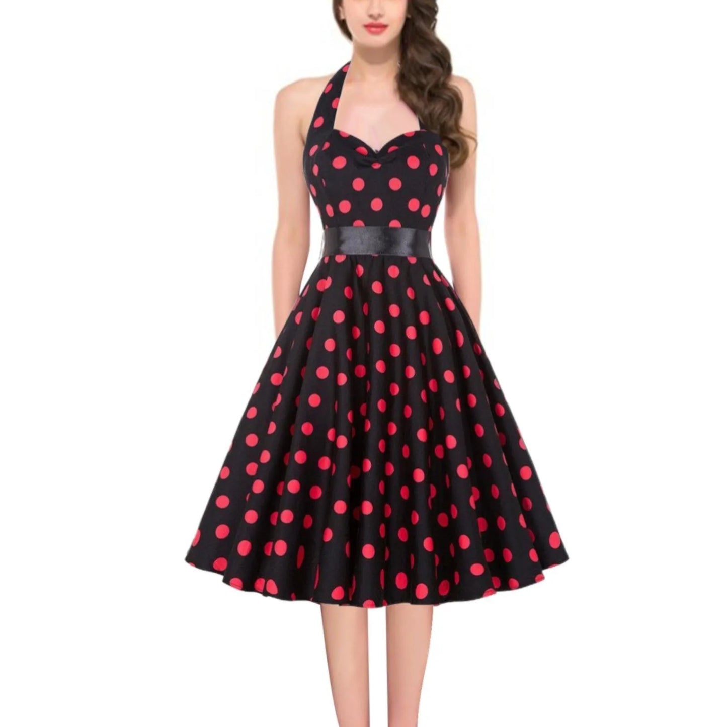 Vintage Polka Dot A-Line Dress Summer Women Sexy Halter Backless Low Cut Party Dress 50s 60s Retro Pin Up Rockabilly Swing Dress - Uknowucme