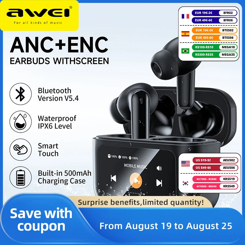 AWEI T56 ANC Wireless Bluetooth V 5.4 Earphones Noise Reduction Headphones Full-Color LED Touchscreen TWS Sport Headest With Mic - Uknowucme