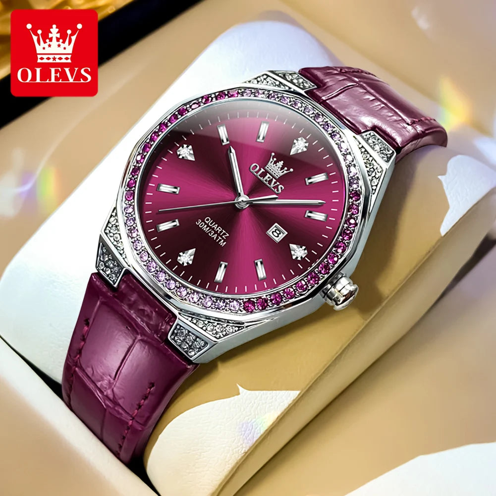 OLEVS Original Women's Watches Diamond Lap Fashion Leather Strap 3m Waterproof Luminous Ladies Wristwatch Quartz Watch for Women - Uknowucme