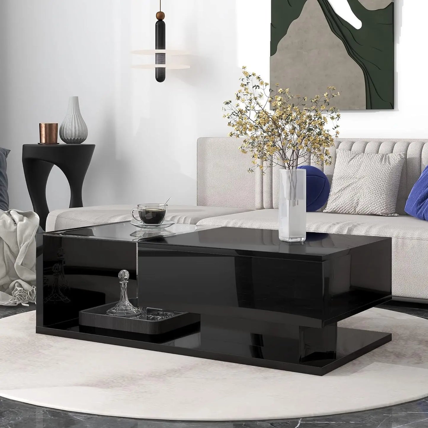 Coffee Table with Tempered Glass, Cocktail Table with High-Gloss UV Surface, Modernist 2-Tier Center Table for Living Room - Uknowucme