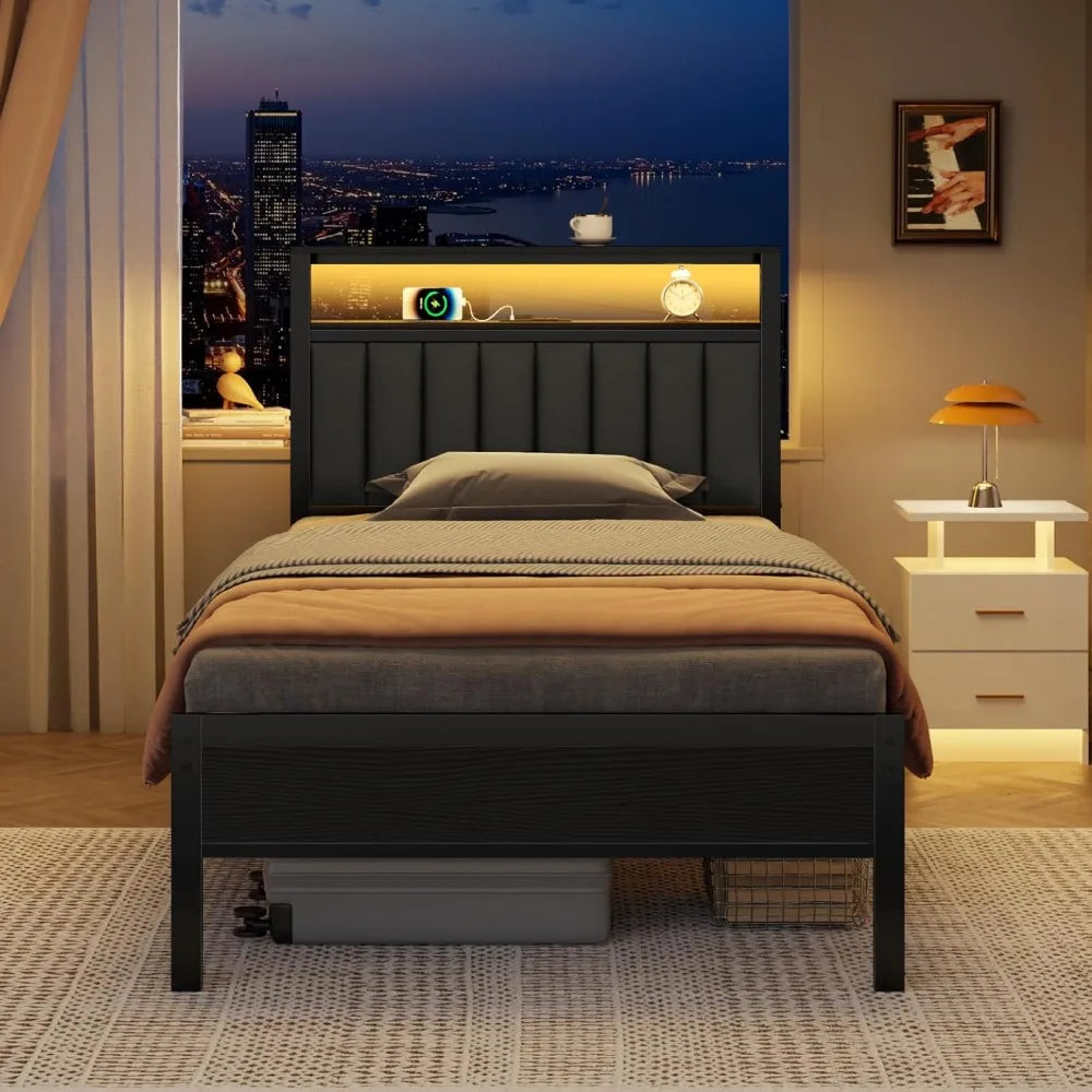 LED Queen Size Bed Frame with Charging Station&2-Tier Storage Shelves, Metal Slat&Upholstered Headboard, No Box Spring Needed - Uknowucme