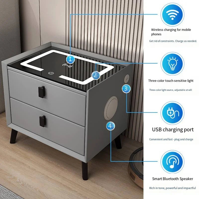 Luxurious Solid Wood Nightstand Three-Drawer Smart Bedside Table Compact Bedroom Leather Accents Integrated Wireless Charging