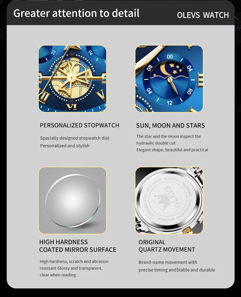 OLEVS 2859 Moon Phase Men Watches Chronograph High End Watches Man Stainless Steel Waterproof Quartz Watch for Men Luxury Brand - Uknowucme