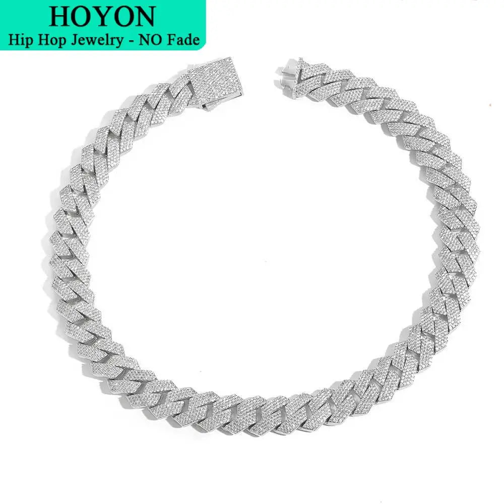 HOYON Moissanite Cuban Chain Men's Necklace S925 Silver Color Jewelry Hip Hop Rock Luxury Zircon Diamond Neck Collares 16-24in - Uknowucme