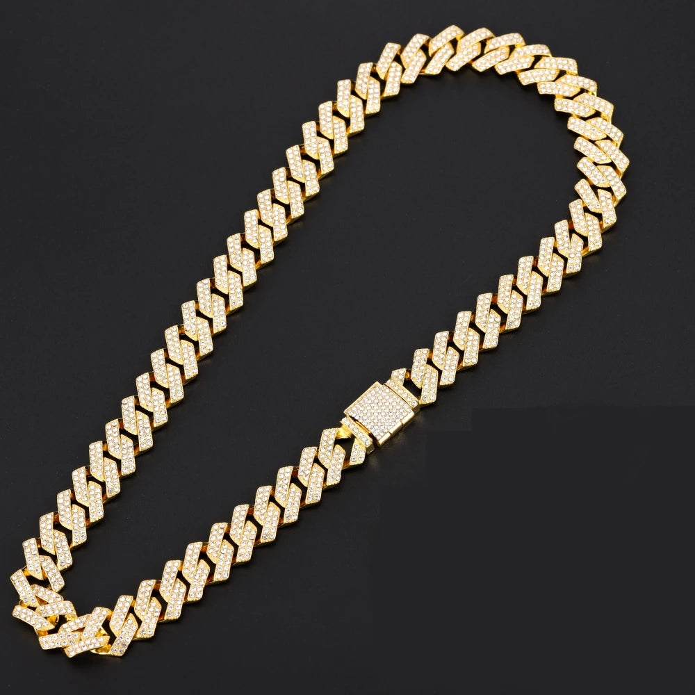 16mm Hip Hop Miami Cuban Link Chain Set Necklace +Watch+Bracelet Creative Iced Out Shiny Trendy Stylish Jewelry For Women Men - Uknowucme