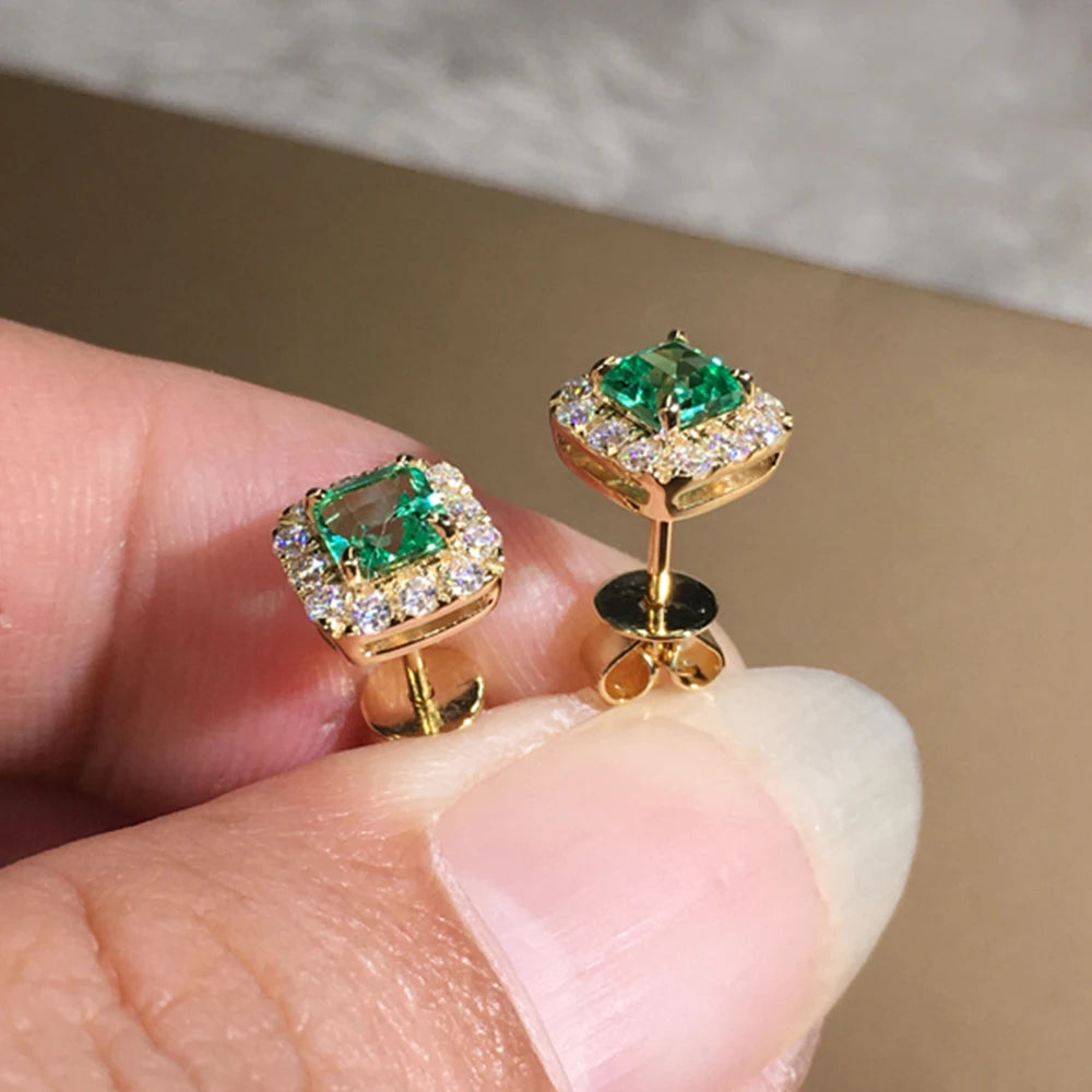 Huitan Eternity Green CZ Stud Earrings for Women Gold Color Luxury Bride Wedding Earrings Elegant Ear Accessories Party Jewelry - Uknowucme