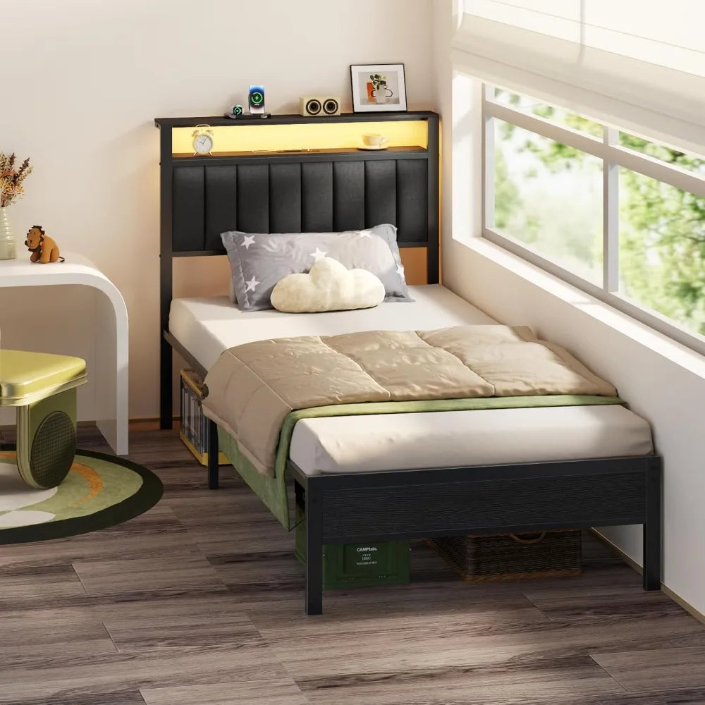 LED Queen Size Bed Frame with Charging Station&2-Tier Storage Shelves, Metal Slat&Upholstered Headboard, No Box Spring Needed - Uknowucme