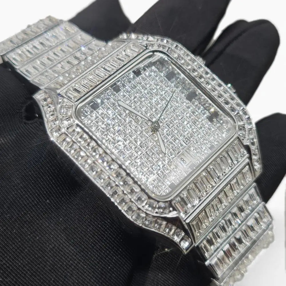 Hot Luxury Square Diamond Watch for Men Hip Hop Style Bling Bling Iced Out Wristwatch Fashion Stainless Steel Waterproof Clock - Uknowucme