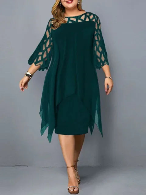 Sleeve Hollow Out Solid Sexy Women'S Clothing Evening Dresses 2023 Elegant Midi Party Dress For Chubby Women Xxl O Neck Lace - Uknowucme