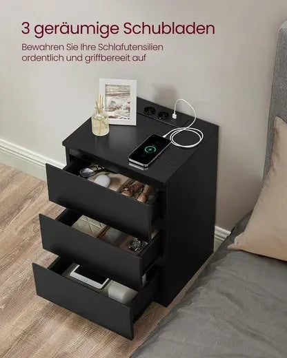 VASAGLE bedside table (1-St), 3 drawers, bevelled edge, 2 AC sockets, 2 USB ports - Uknowucme