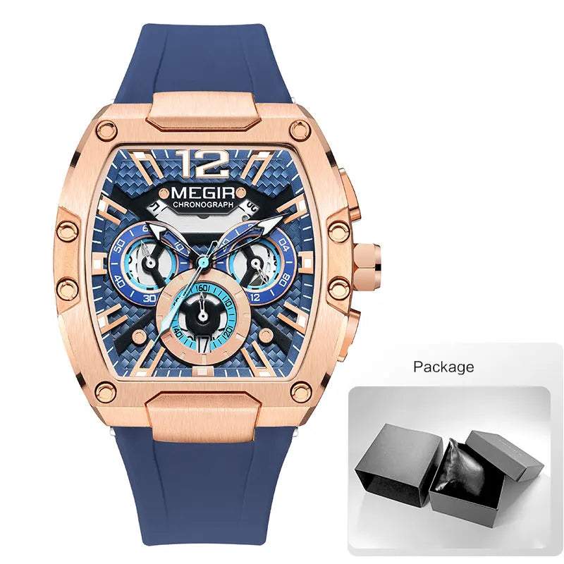 MEGIR Navy Blue Silicone Strap Sport Watch for Men Fashion Waterproof Chronograph Quartz Wristwatch with Luminous Hands Calendar - Uknowucme